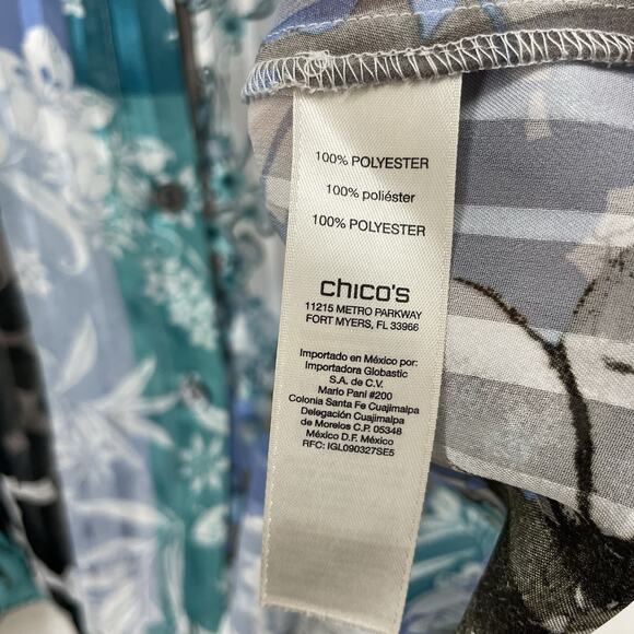 Chicos Size 1 Medium Asymmetrical Button Down Shirt Teal Blue Blouse Floral Top - Picture 9 of 9